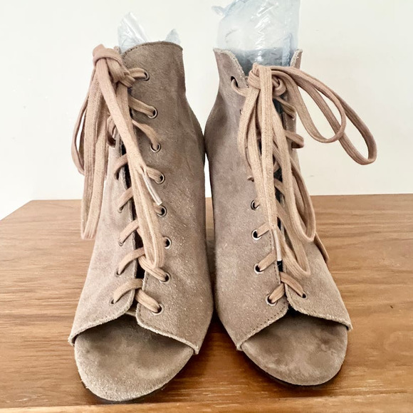 Joie Suede Leather Lace Up Open Toe Wedge Heel Booties Brown Women's Size 39/8.5 - Picture 2 of 7